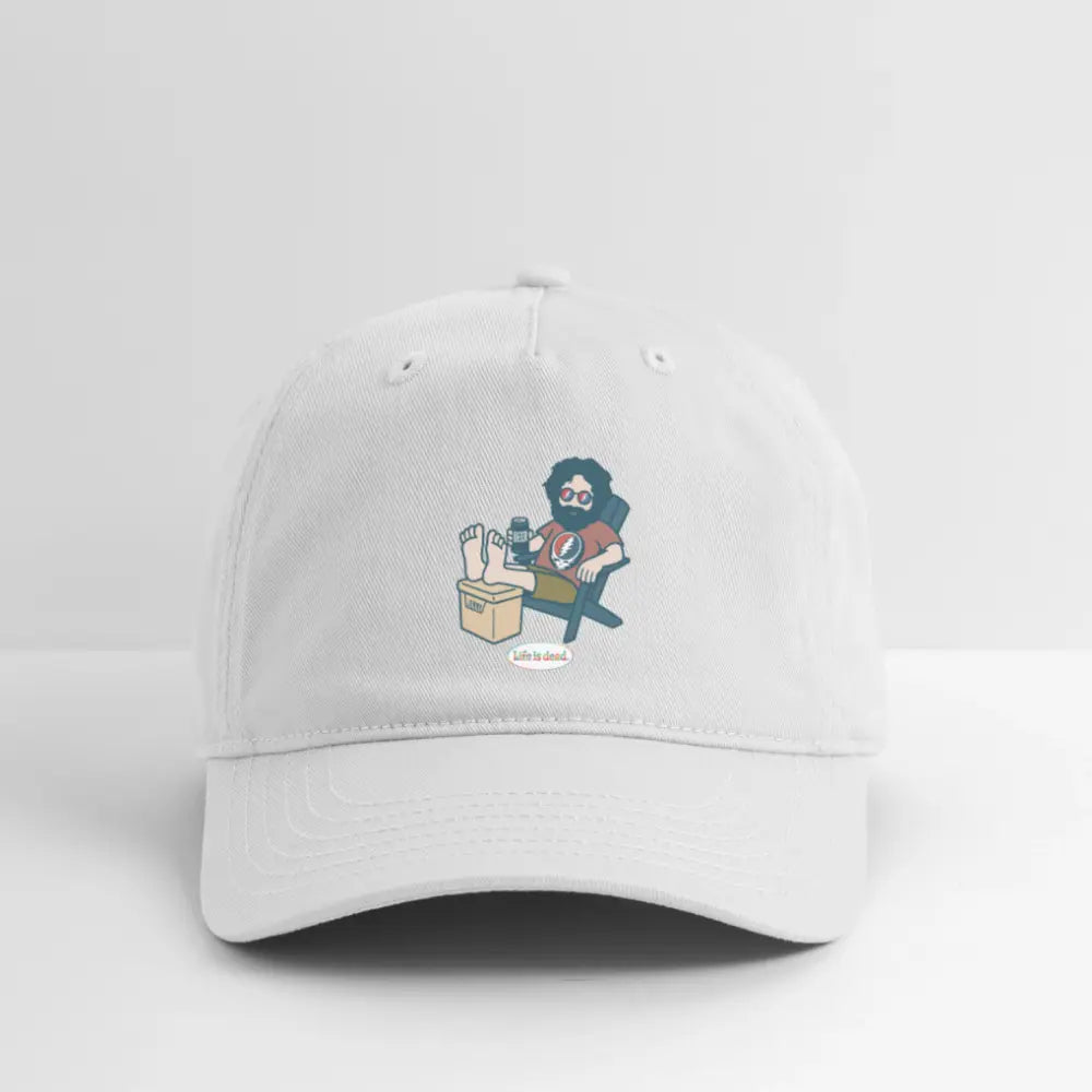 White dad hat with embroidered cartoon skull graphic and coffee cup on front