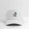 White dad hat with embroidered cartoon skull graphic and coffee cup on front