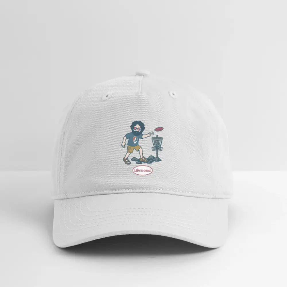 White dad hat with embroidered golfer graphic on the front and curved brim.