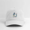 White dad hat with embroidered golfer graphic on the front and curved brim.