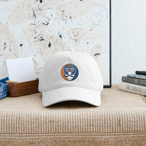 White dad hat with centered New York Mets logo patch