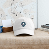 White dad hat with front Stealie graphic logo, curved brim