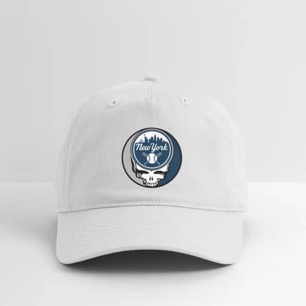 White dad hat with New York Yankees circular logo patch, curved brim.