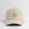 Khaki dad hat with colorful tie-dye sunburst “Life is dead” logo