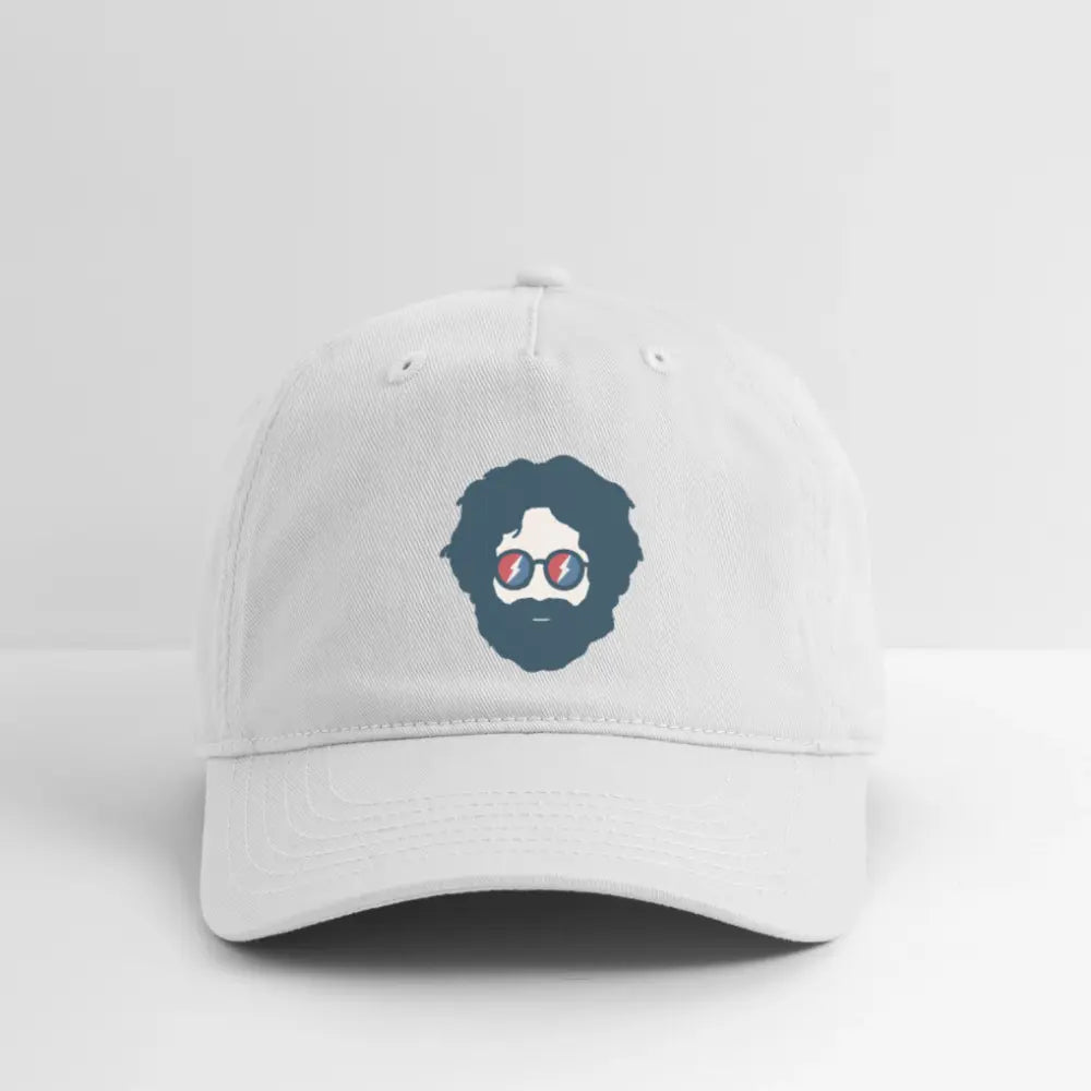 White dad hat with front Stealie graphic logo