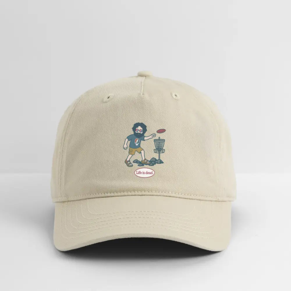 Khaki dad hat with embroidered golfer graphic on the front.