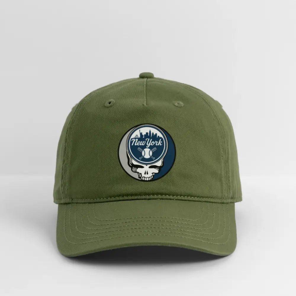 Green dad hat with round New York Yankees logo patch on the front.