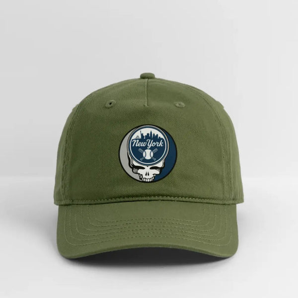 Green dad hat with round New York Yankees logo patch on the front.