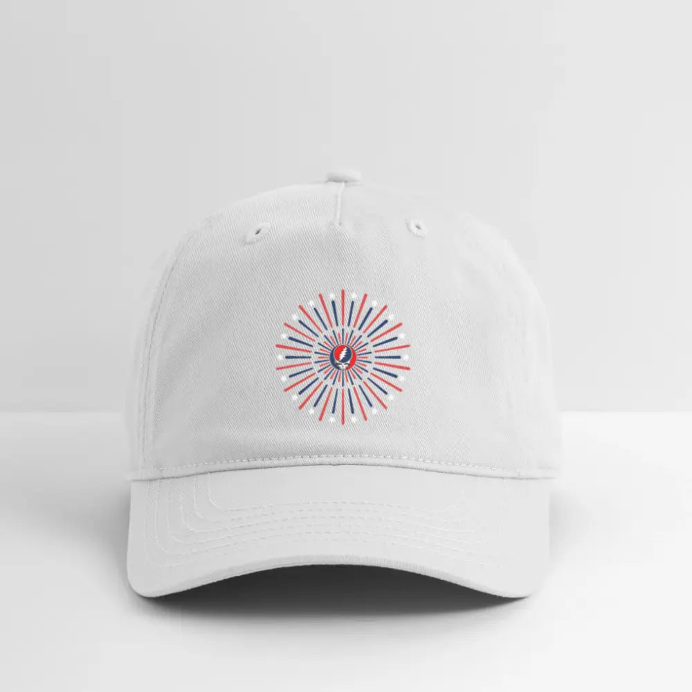 White dad hat with colorful fireworks-style emblem on front