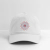 White dad hat with colorful fireworks-style emblem on front