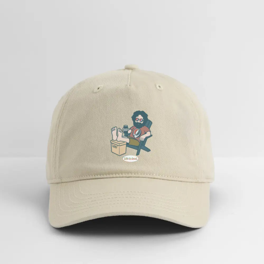 Khaki dad hat with embroidered cartoon skull graphic and coffee cup on center front