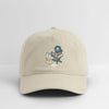 Khaki dad hat with embroidered cartoon skull graphic and coffee cup on center front