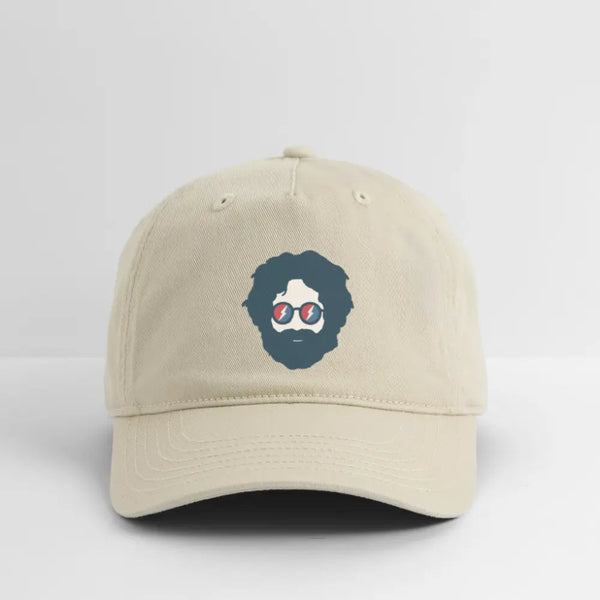 Khaki dad hat with front Stealie graphic logo
