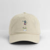Khaki dad hat, front view, embroidered golf character with oval logo patch