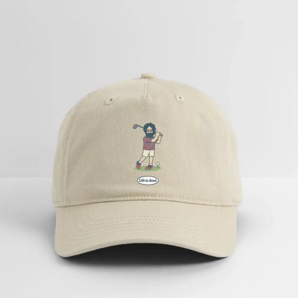 Khaki dad hat, front view, embroidered golf character with oval logo patch