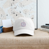 White dad hat with Life is Dead rainbow sunburst logo on front