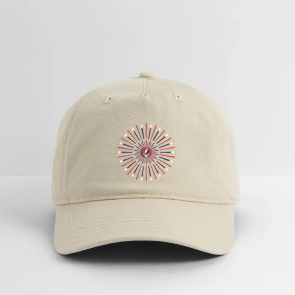 Khaki dad hat with colorful fireworks burst graphic on front
