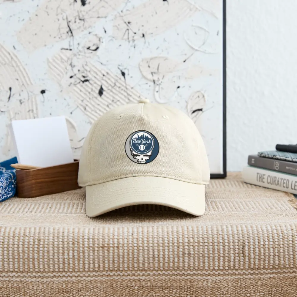 Khaki New York Yankees dad hat with front logo patch and curved brim.