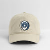 Khaki dad hat with round New York Yankees logo patch centered on the front.