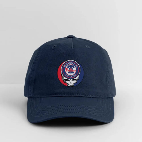 Navy dad hat with Philadelphia Phillies circular crest and eyelet vented brim