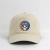 Khaki dad hat with New York Mets logo patch on front
