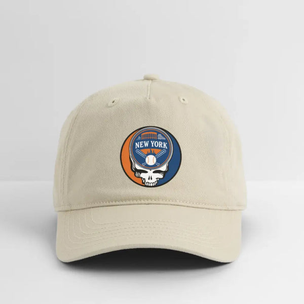 Khaki dad hat with New York Mets logo patch on front