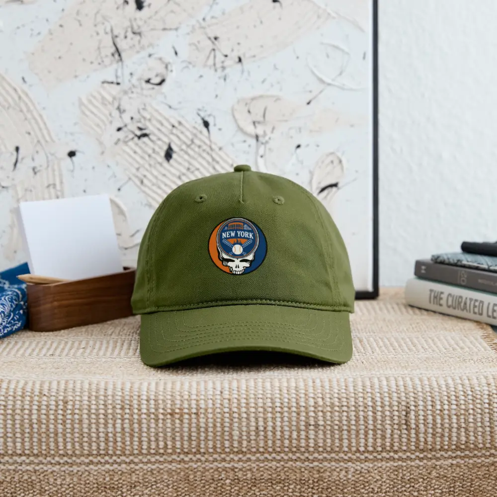 Olive green dad hat with centered New York Mets logo patch