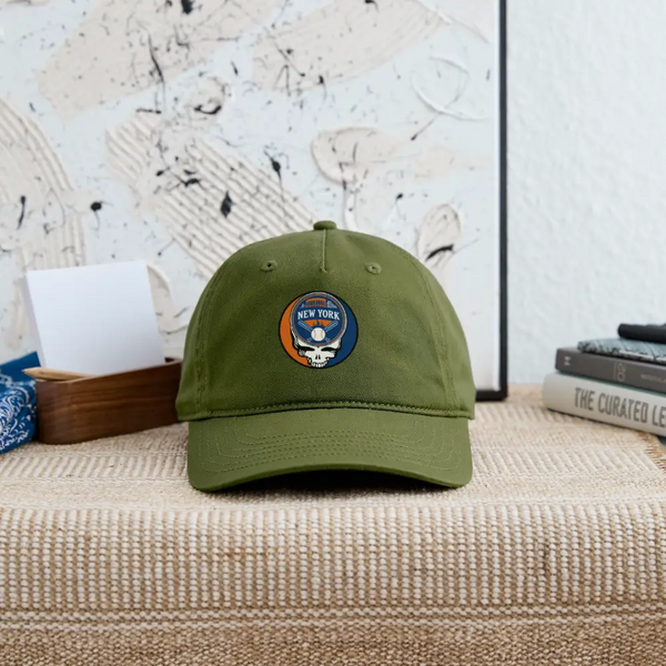 Olive green dad hat with centered New York Mets logo patch
