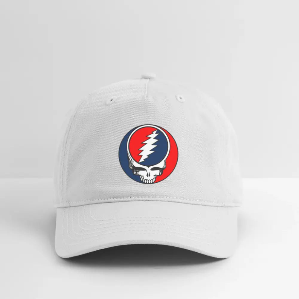 White dad hat with front lightning skull logo and stitched eyelets at crown