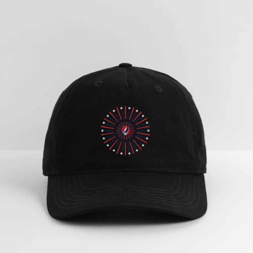 Black dad hat with colorful fireworks burst emblem on front