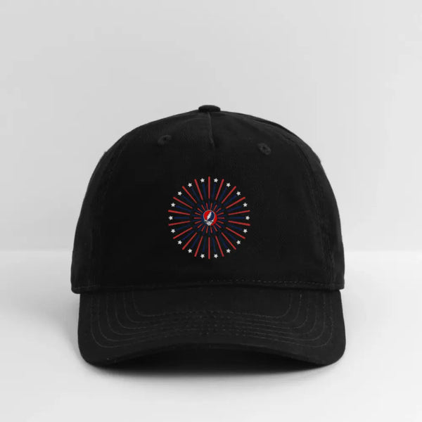 Black dad hat with colorful fireworks burst emblem on front