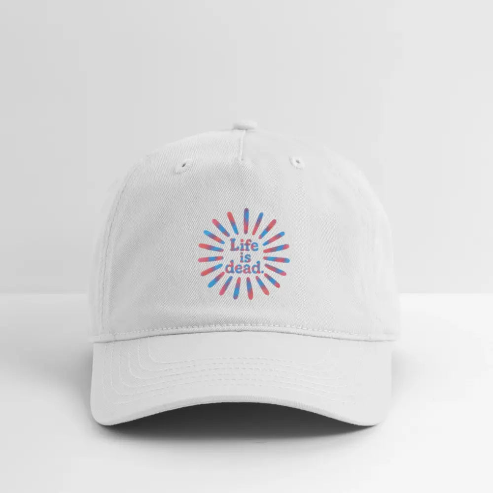 White dad hat with Life is Dead rainbow sunburst logo, curved brim
