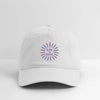 White dad hat with Life is Dead rainbow sunburst logo, curved brim