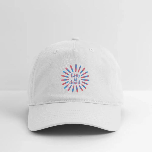 White dad hat with Life is Dead rainbow sunburst logo, curved brim