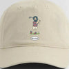 Khaki dad hat with embroidered golf character and small oval logo patch