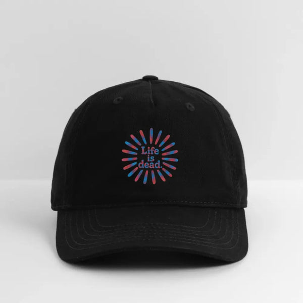 Black dad hat with Life is Dead rainbow sunburst logo, curved brim