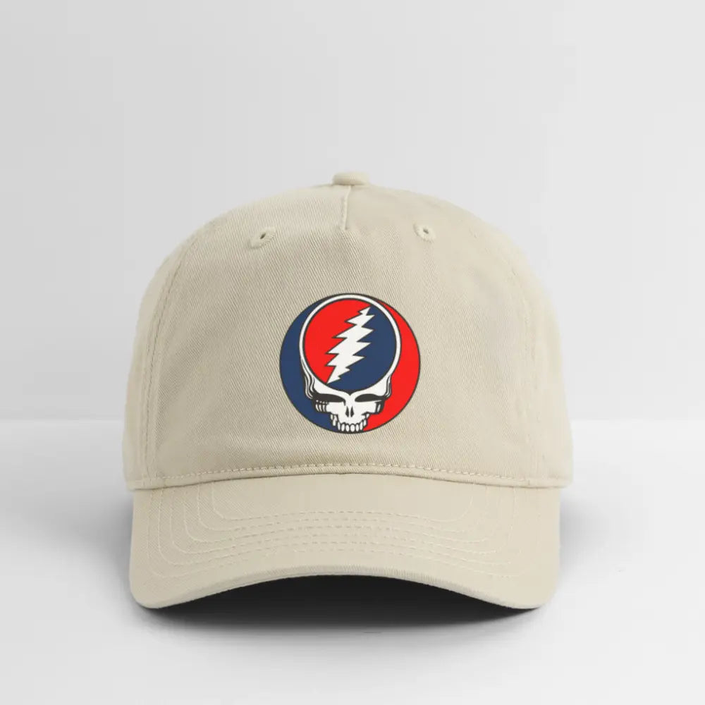 Khaki dad hat with front lightning skull logo, low-profile crown and curved brim