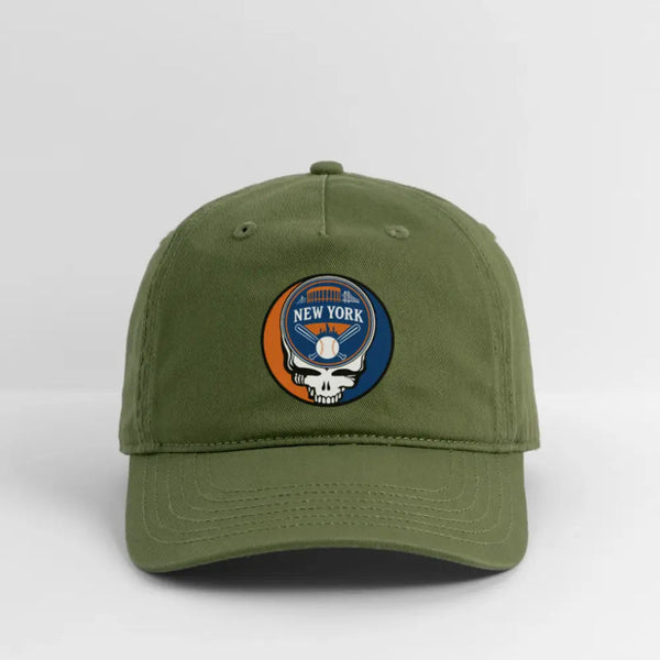 Olive green dad hat with New York Mets logo patch on front