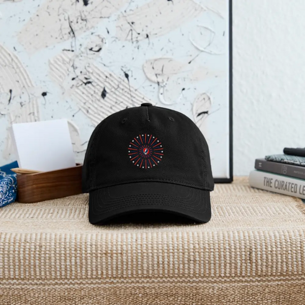 Black dad hat with front fireworks graphic