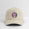 Khaki dad hat with embroidered Philadelphia Phillies crest on front, curved brim