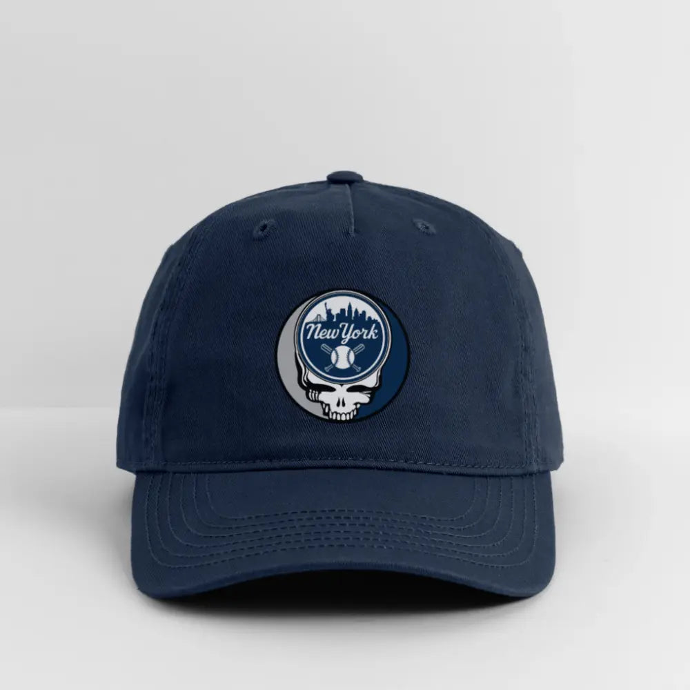 Navy dad hat with circular New York Yankees logo patch on the front panel.