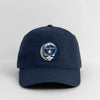 Navy dad hat with circular New York Yankees logo patch on the front panel.