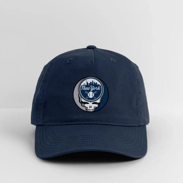 Navy dad hat with circular New York Yankees logo patch on the front panel.