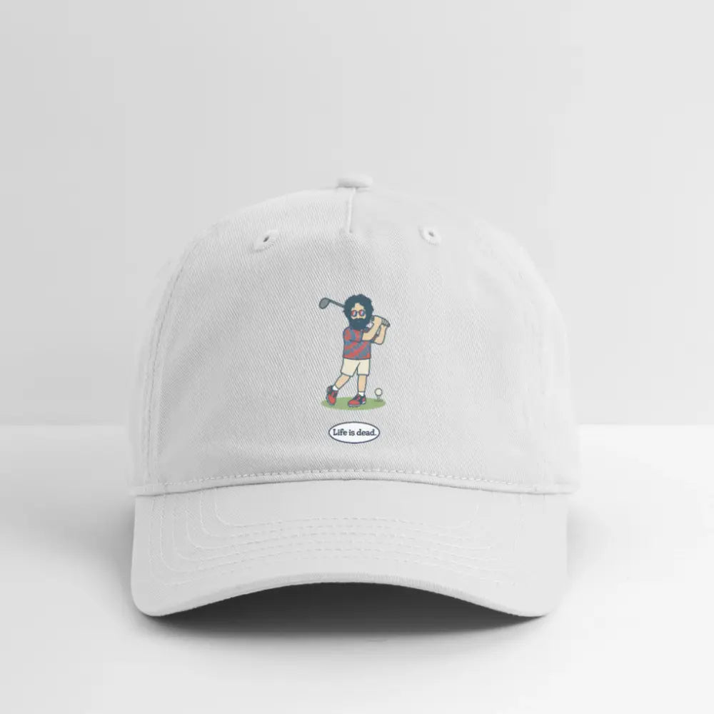 White dad hat with embroidered golf character and oval logo patch