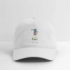 White dad hat with embroidered golf character and oval logo patch