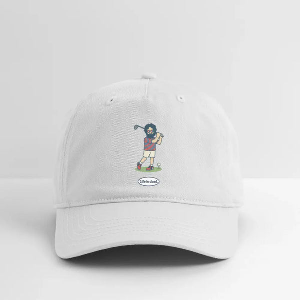 White dad hat with embroidered golf character and oval logo patch