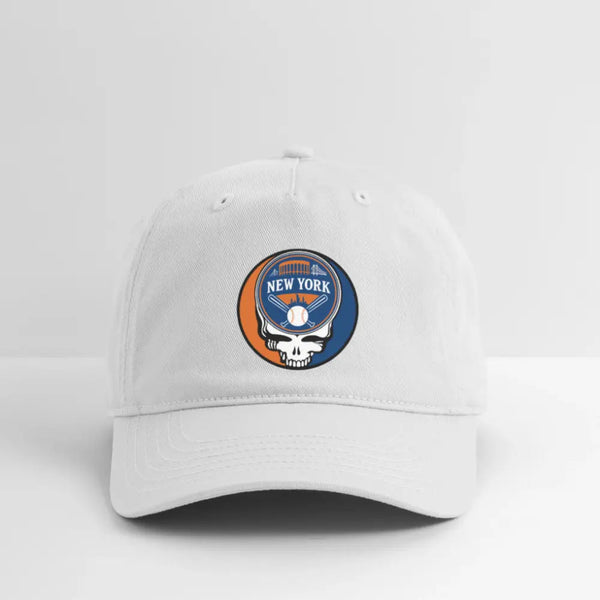 White dad hat with New York Mets logo patch on front