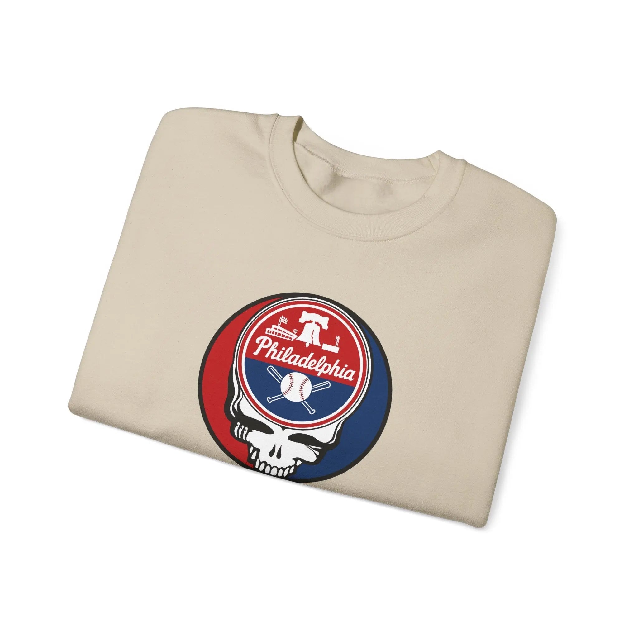 Sand/beige crewneck sweatshirt with Stealie skull logo graphic on chest