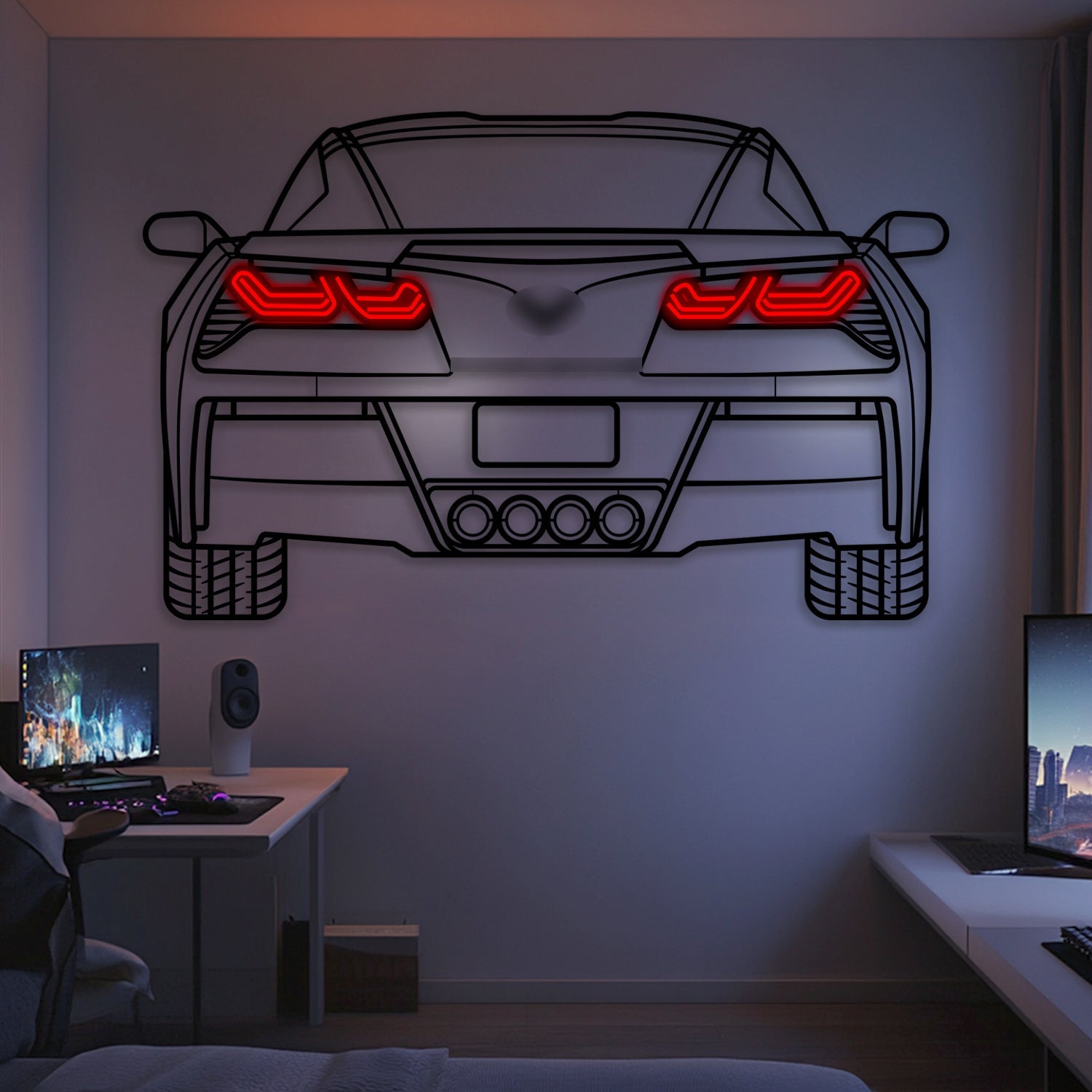 Neon car wall art featuring a rear-view Corvette with red LED taillights
