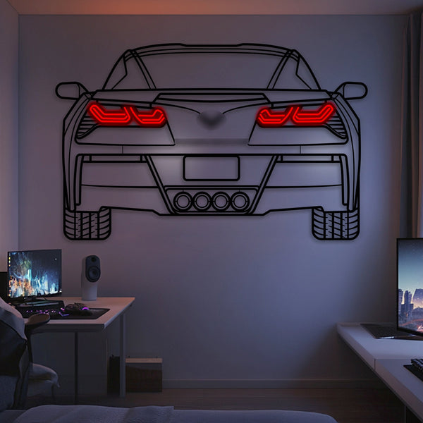 Neon car wall art featuring a rear-view Corvette with red LED taillights